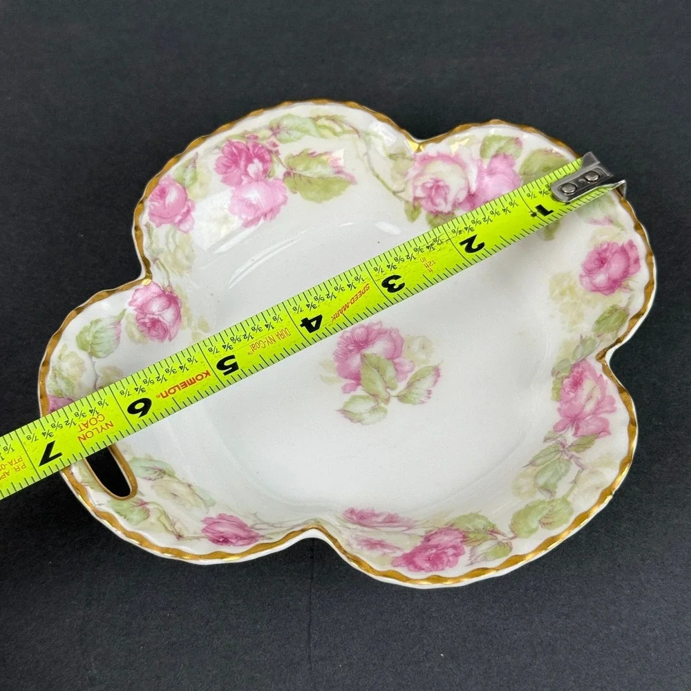 Haviland France Porcelain Floral Dish Pink Rose Scalloped Gold Rim Handle
